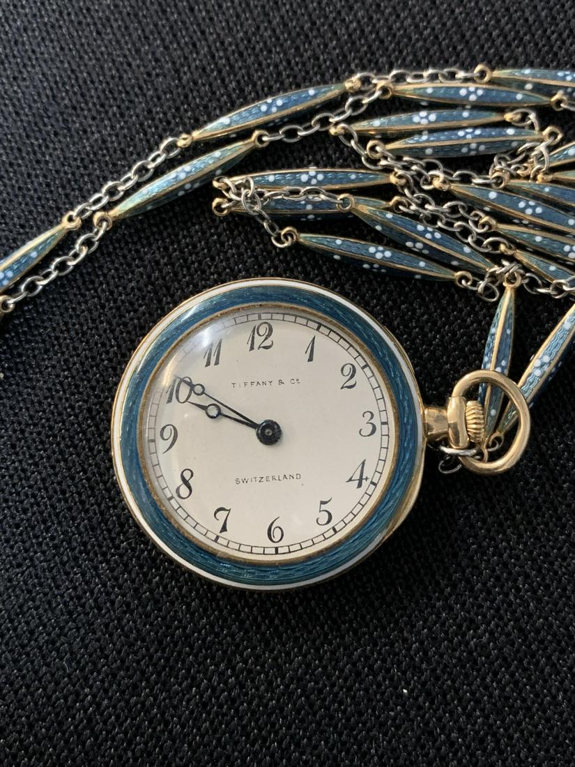 Tiffany and Co 18 K Diamond Enamel Pocket Watch: Tiffany and Co 18 K Diamond and Enamel Ladies Pocket Watch with Chain, Made by Koehn. Chain measures 22 inches long, watch measures 1 1/8 inches in diameter. Inscribed within, Made for Tiffany and Co 