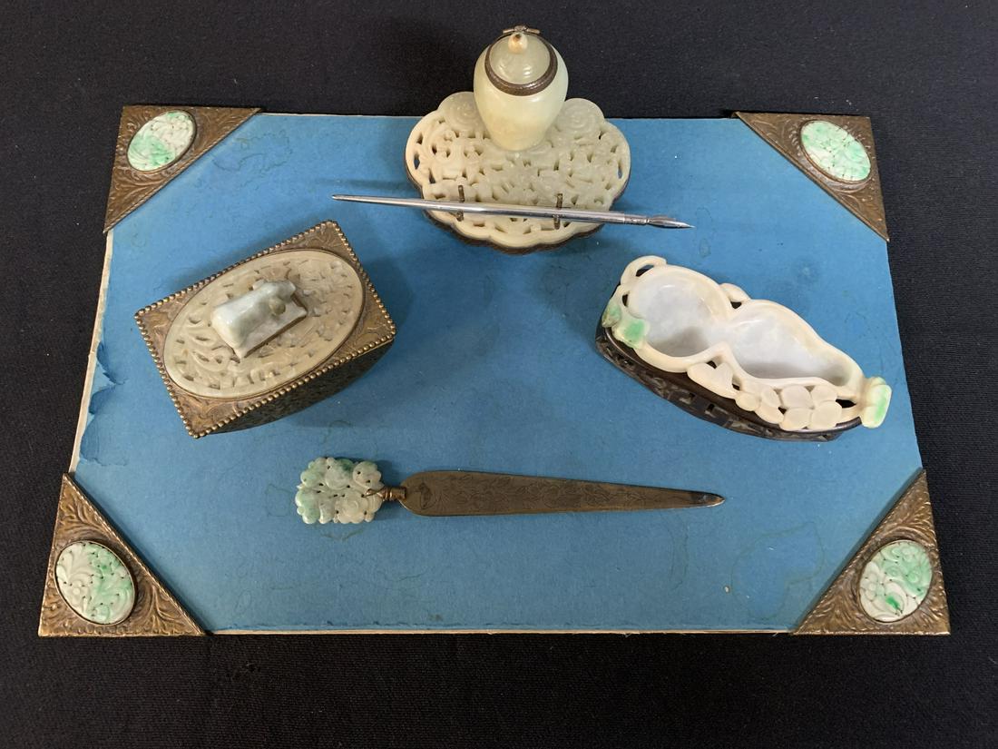 Antique Jade Mounted Scholar Desk Set, 5 pieces (1 of 19)