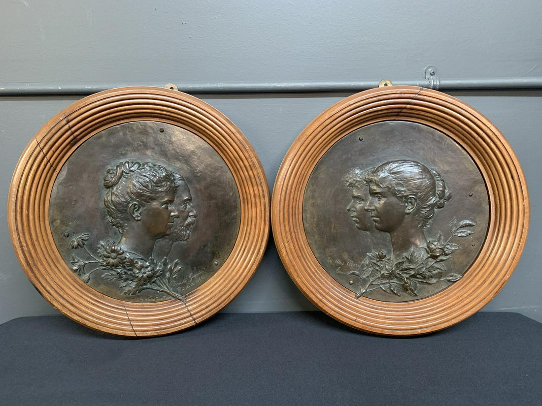 Pr. Ernesto Gazzeri (Italian 1866-1965) Bronze Plaques: Pair Of Antique Italian Ernesto Gazzeri (italian, 1866-1965) Bronze Figural Plaques. Giovanni Nisini Foundry, Roma 1892. One Inscribed "To Miss Mary, Ernesto". Excellent condition and patina. Original