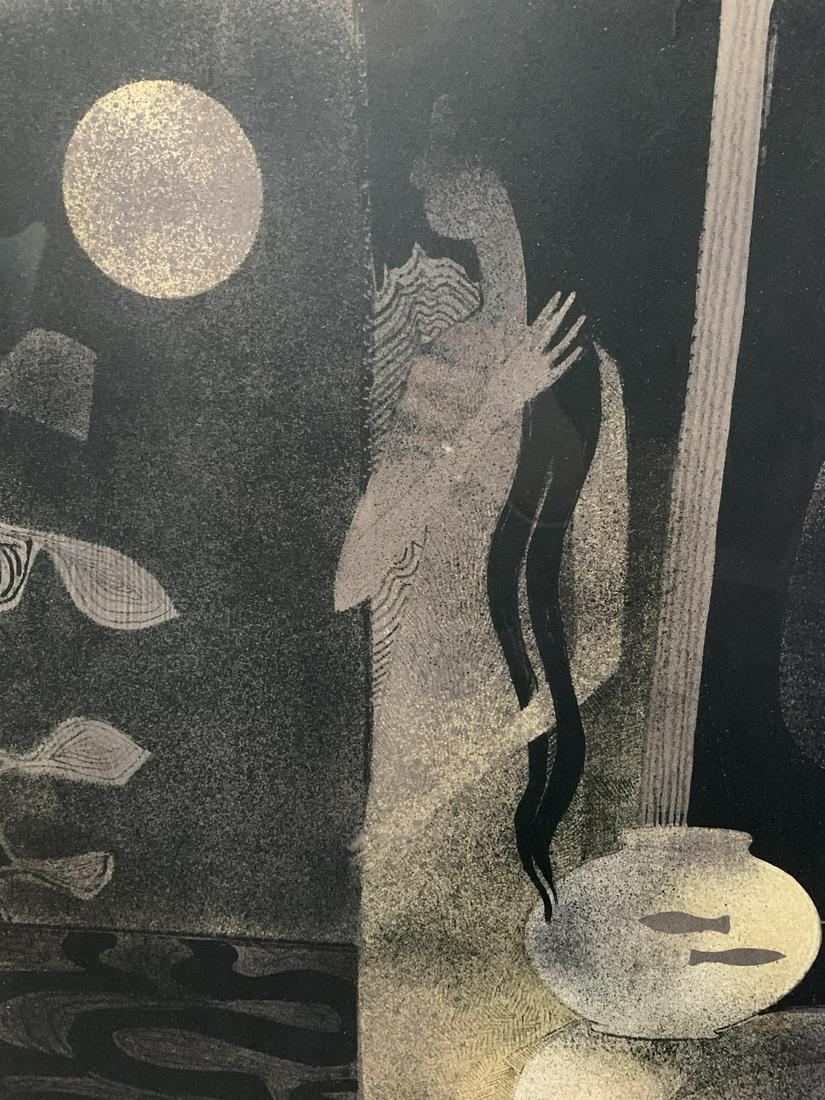 Andre Minaux (France, 1923 - 1986) Serigraph 5/60: Andre Minaux (France, 1923 - 1986) Serigraph 5/60, Woman with long hair and fish Frame measures 23 x 31 inches.