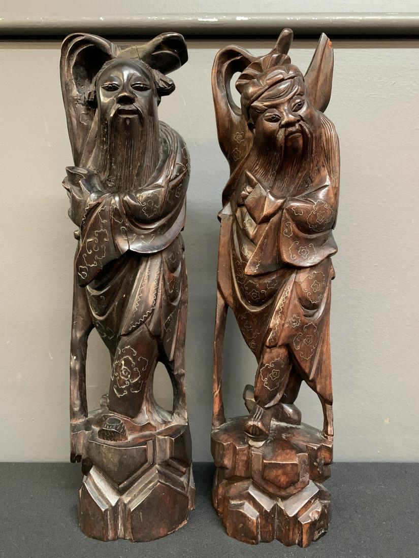2 Chinese Hard Wood Carved Wisemen, Wire Inlay (1 of 13)