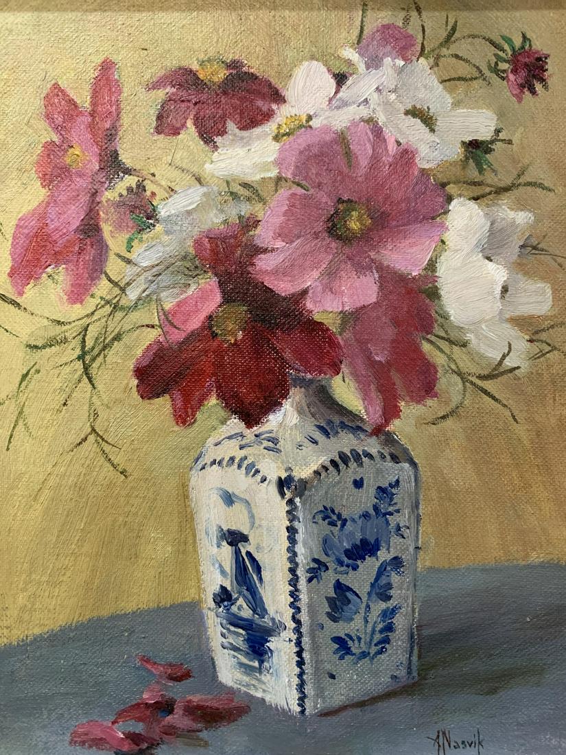 Anne Nasvik Dennison, Oil On Board, Cosmos: Anne Nasvik Dennison, Oil On Masonite Board, Pink And White Cosmos, Flower Still Life. Measures 8 X 10 Inches. Signed And Dated 1976.
