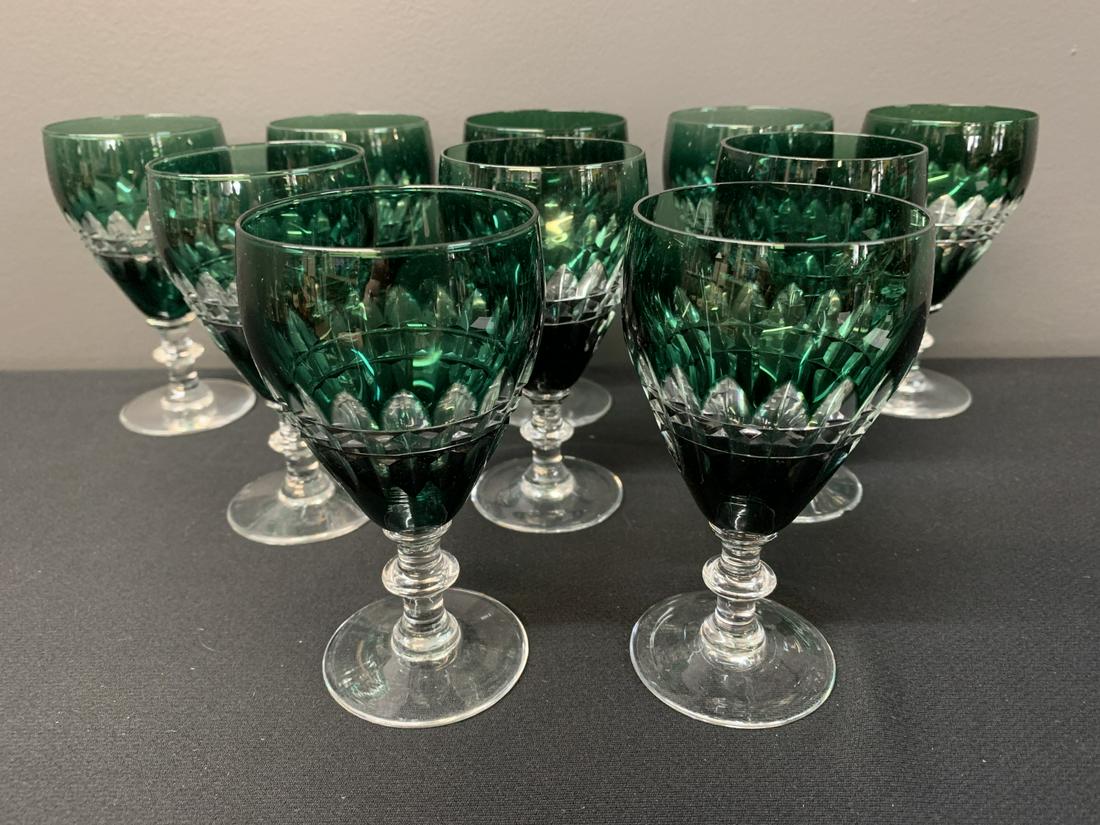 Set Of 10 Green Cut Crystal White Wine Glasses: Set Of 10 Green Cut Crystal White Wine Glasses, 5 Inches High. One Small Fleabite To Foot Of One Glass.
