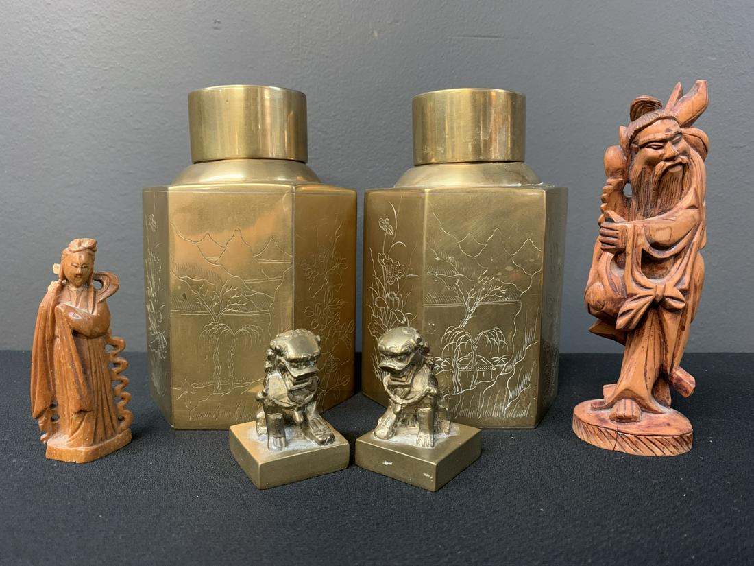 Lot Of 6 Chinese Brass Tea Boxes, Wisemen, Foo Dog (1 of 4)
