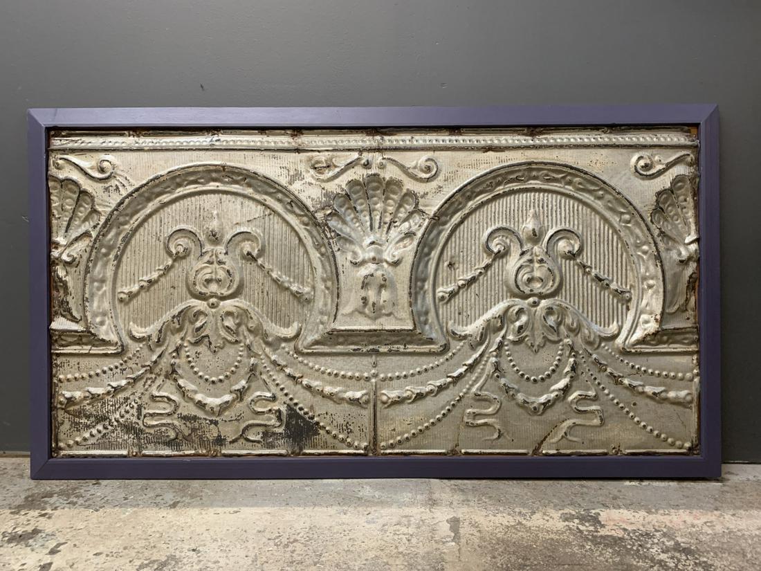 Antique Salvaged Pressed Tin Tile, Framed: Antique Salvaged Pressed Tin Tile, Framed. 52 X 28 Inches.