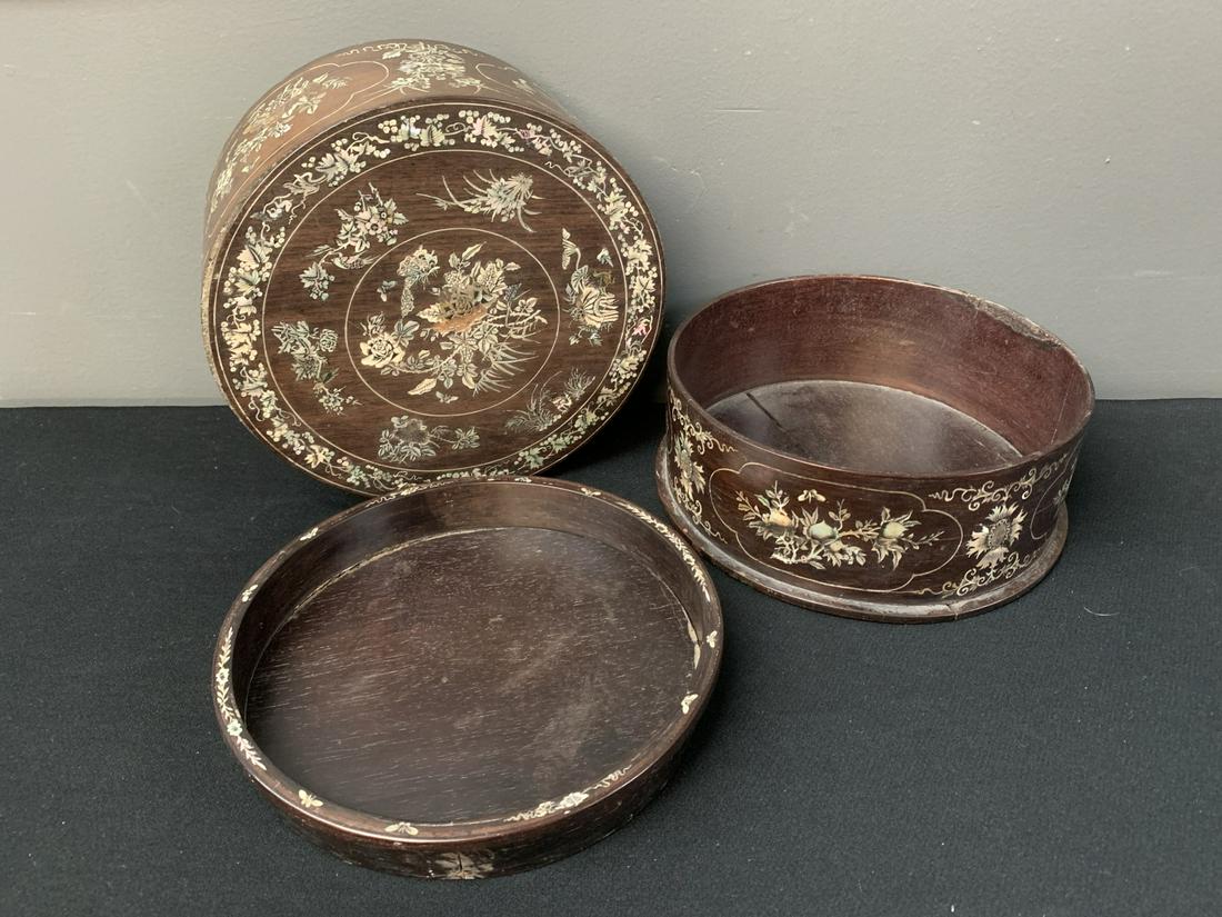 Antique Chinese Mother Of Pearl And Fruitwood Box: Antique Chinese Mother Of Pearl And Fruitwood Box. Approxmiately 9.5 Diameter X 4.5 Inches High. Some Loss To Inlay, Some Warp To Wood. Please See Pictures.