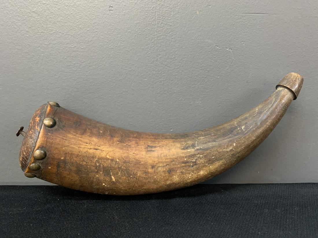 Antique Carved Powder Horn, Brass Tacks, Canadian (1 of 4)