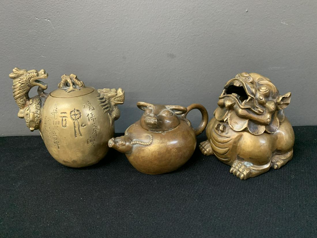 Lot Of 3 Chinese Bronze Teapots, Censer (1 of 6)