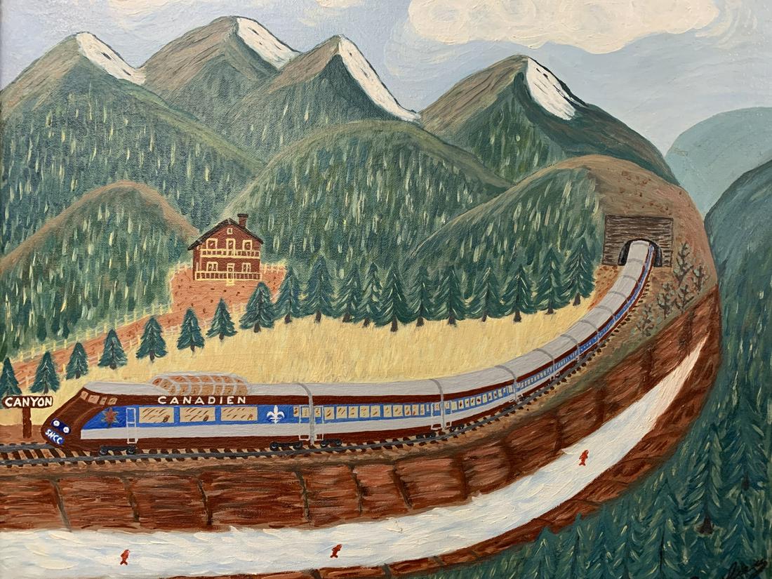 Canadian Folk Art Train Painting, Signed Beaulieu (1 of 5)