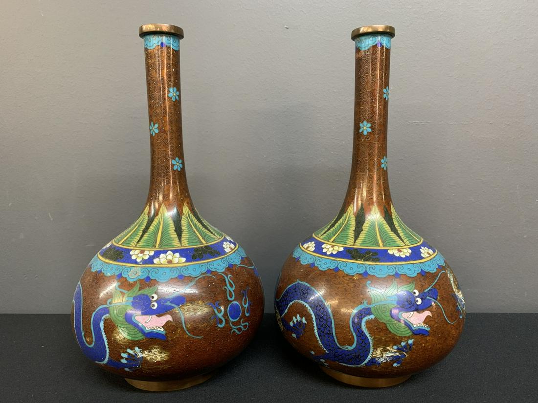 Pair Of Chinese Cloisonne Dragon Bottle Vases (1 of 10)
