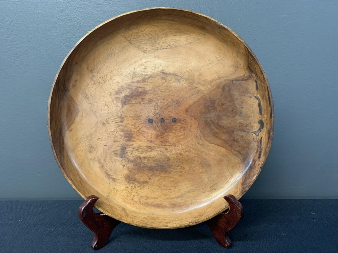 Antique Carved Bowl, Hawaiian Koa Wood: Antique Carved Wooden Bowl, Plate. 12 Inches Diameter. Possibly Hawaiian Umeke Poi Calabash. Three Wooden Dowel Repairs In Base.