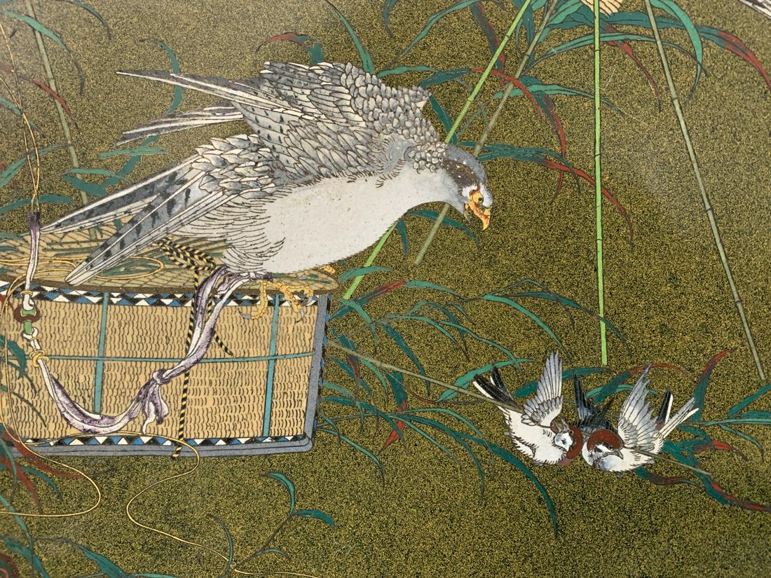 Large Meiji Japanese Cloisonne Charger: Large Meiji Japanese Cloisonne Charger, Birds. Loss To Enamel, Bend In Rim, Please See Photos. Meaures 18 Inches In Diameter.