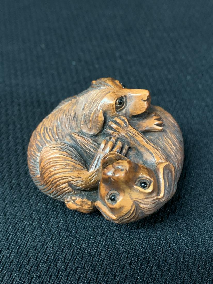 Japanese Carved Wood Netsuke Dogs, Signed (1 of 6)