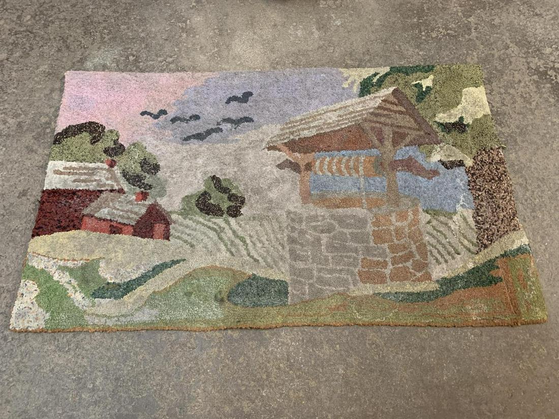Antique 1930s Folk Art Hooked Rug, Farm Scene (1 of 4)