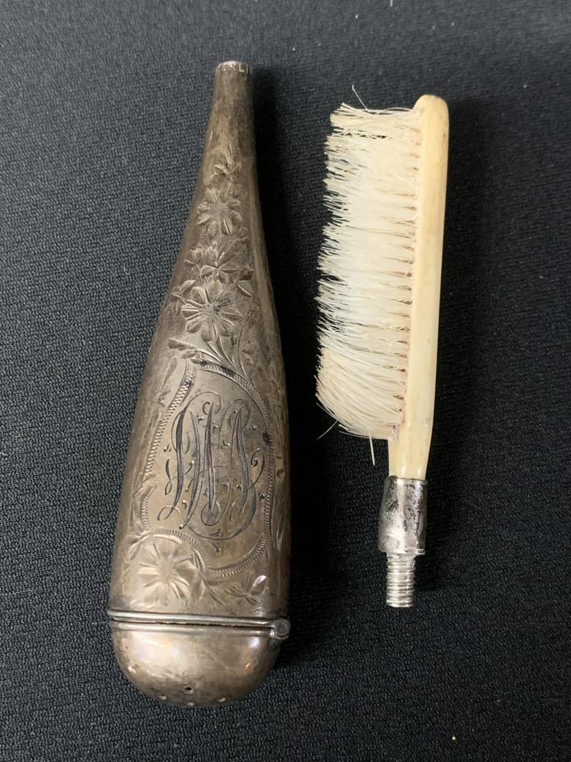Antique Silver Traveling Toothbrush: Antique American Silver Traveling Toothbrush With Bone Mounted Bristles. 4" Handle.