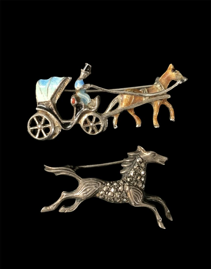 German Enameled Silver Brooch Horse And Carriage: German Enameled Silver Brooch Horse And Carriage And A Marcasite Sterling Pony Brooch