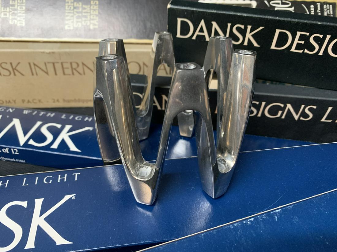 Mid Century Dansk Silver Candle Holder, Tapers: Mid Century Dansk Silver Candle Holder, With Dansk Tapers. Candle Holder Measures 3.5 W X 3 Inches Tall.