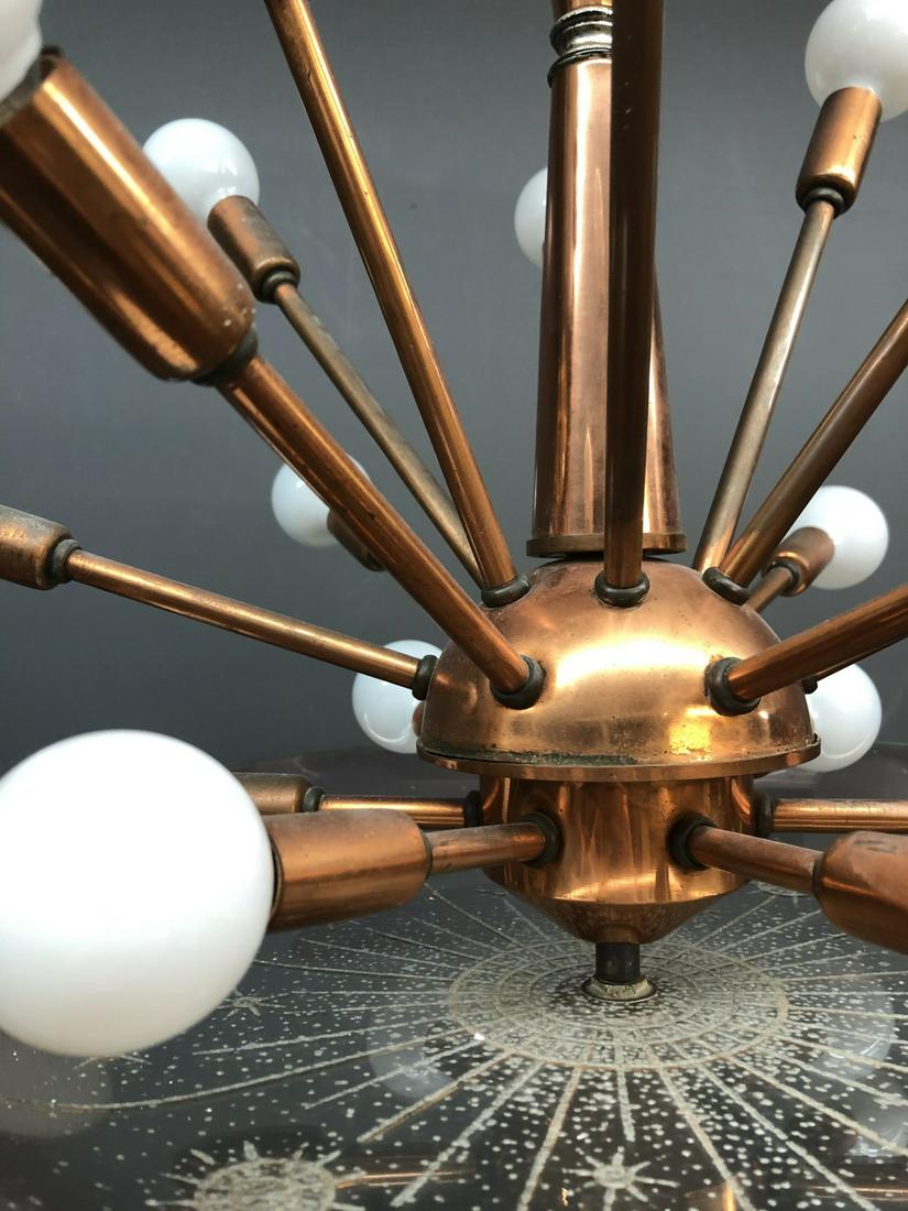 Rare Mid Century Copper Atomic Sputnik Chandelier: Rare Mid Century Copper Atomic Space Age Sputnik Ceiling Fixture Chandelier. With Original Etched Glass Diffuser. 18 Arm Fixture.18 H X 20 W Inches. In Working Order.