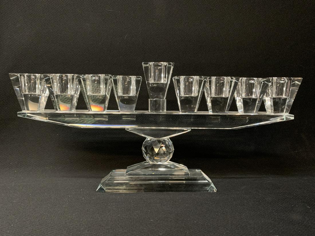 Cut Crystal Modernist Menorah With Box: Cut Crystal Modernist Menorah With Box. Measures 13.5 X 6.25 X 1.5 Inches. Small Fleabites To Edges. Please See Photos.