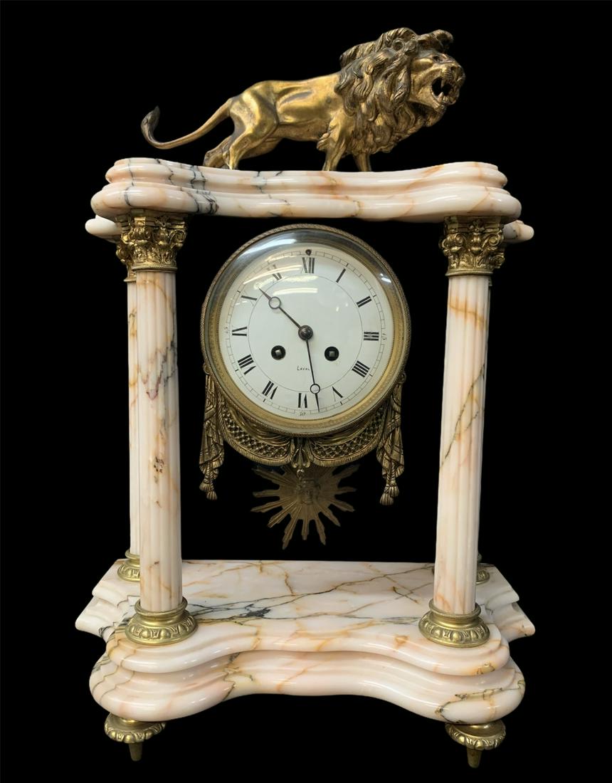 French Empire Mantel Clock, Marble, Bronze Lion: French Empire Laval Mantel Clock, Marble With Bronze Lion. 21 H X 15.75 W Inches.
