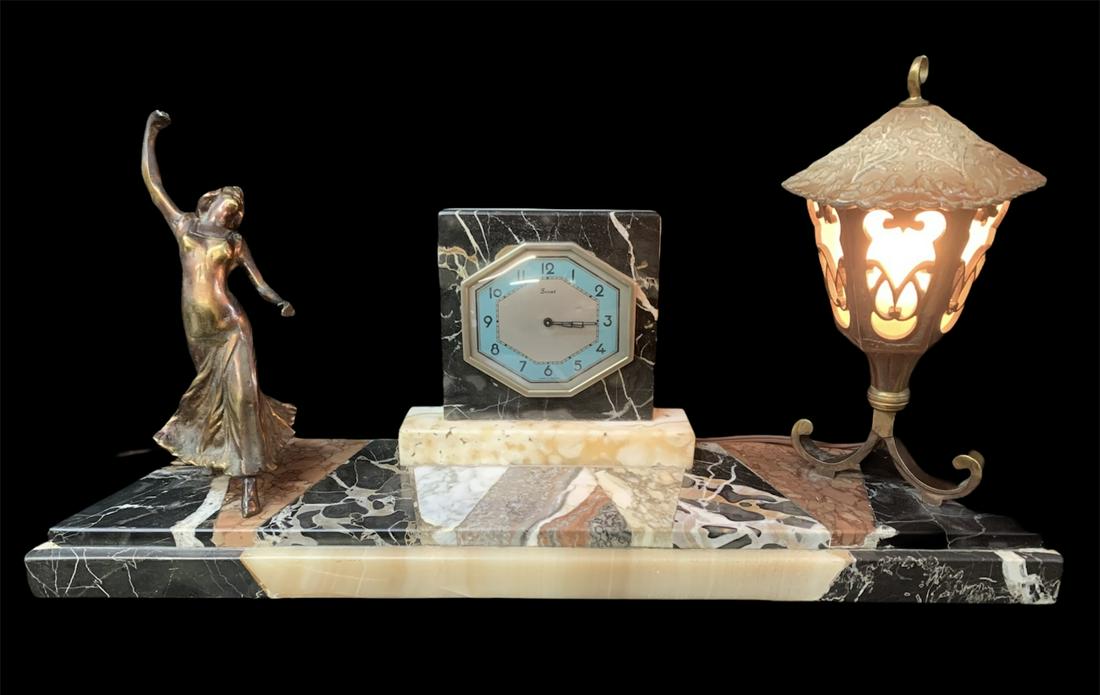 Scout Marble Art Deco Mantel Clock, France: Scout Marble Art Deco Mantel Clock, France. Decorated With Dancer And Lantern. Measures 11 H X 22.5 W X 6 D Inches.