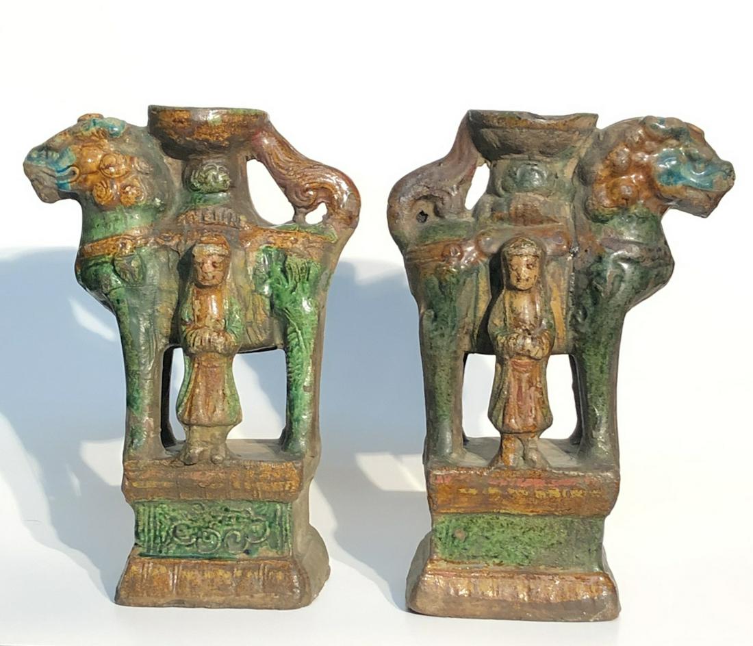Antique Chinese Glazed Ming Dynasty Prickets: Pair Antique Chinese Glazed Ming Dynasty Prickets. Foo Dogs. 9 Inches Tall. Some Loss To One Tail. Keywords: Chinese, Chinese Antiques, Asian, Asian Art, Asian Antiques, Chinese Jade, Jade, Chinese Po