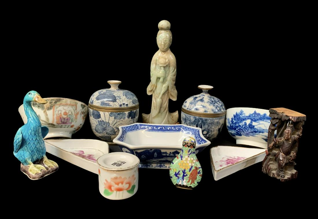 Lot Of 12 Pcs Chinese Stone, Jade And Ceramic Objects: Lot Of 12 Pcs Chinese Stone, Jade and Ceramic Objects. Jade Guan Yin Measures 9 Inches High, Attached To Stand. Keywords: Chinese, Chinese Antiques, Asian, Asian Art, Asian Antiques, Chinese Jade, Jad
