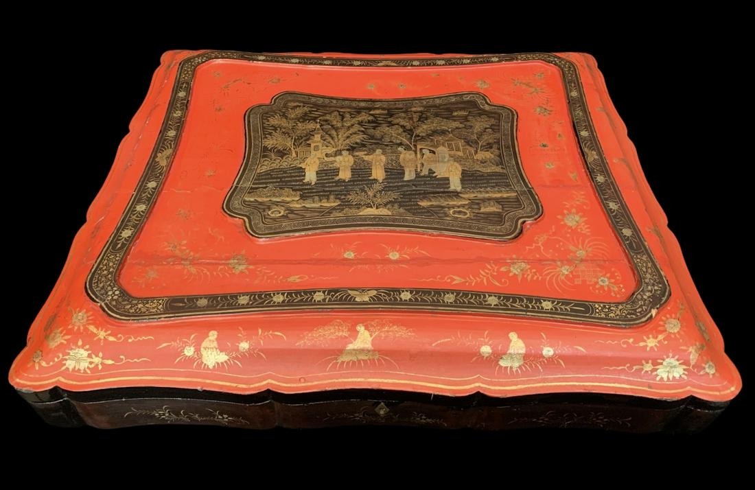 Antique Chinese Lacquered Garment Box C 1880: Antique Chinese Cinnabar Lacquered Garment Box C. 1880. Some Wood Splitting And Repairs Noted. Measures 25 X 22 X 4.5 Inches High. Keywords: Chinese, Chinese Antiques, Asian, Asian Art, Asian Antiques
