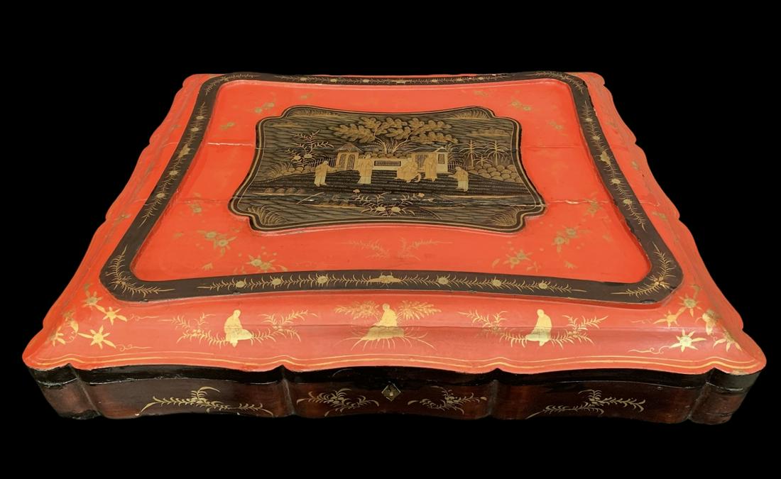 Antique Chinese Lacquered Garment Box C 1880: Antique Chinese Lacquered Garment Box C 1880. Some Wood Splitting And Repairs Noted. Measures 25 X 22 X 4.5 Inches High. Keywords: Chinese, Chinese Antiques, Asian, Asian Art, Asian Antiques, Chinese