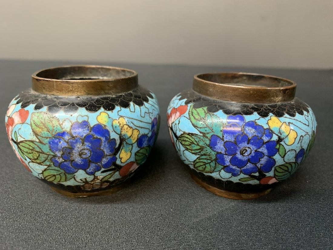 Pair Antique Chinese Cloisonne Small Vases: Pair Antique Chinese Cloisonne Small Vases. Some Dents, Loss. Please See Photos. 2 H X 2.75 W Inches. Keywords: Chinese, Chinese Antiques, Asian, Asian Art, Asian Antiques, Chinese Jade, Jade, Chinese