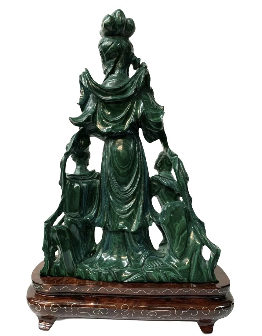 Chinese Carved Malachite Guan Yin With Children: Chinese Carved Malachite Guan Yin Figure With Children, On Wooden Base. Measures 9 Inches Including Stand. Keywords: Chinese, Chinese Antiques, Asian, Asian Art, Asian Antiques, Chinese Jade, Jade, Ch