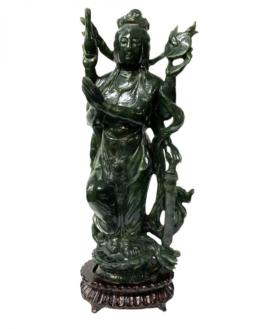 Chinese Spinach Jade 6 Armed Buddhist Goddess: Chinese Spinach Jade Six Armed Buddhist Goddess Figure, Vasudhara (?). Measures 11 Inches Tall, Including Stand. Keywords: Chinese, Chinese Antiques, Asian, Asian Art, Asian Antiques, Chinese Jade, Ja