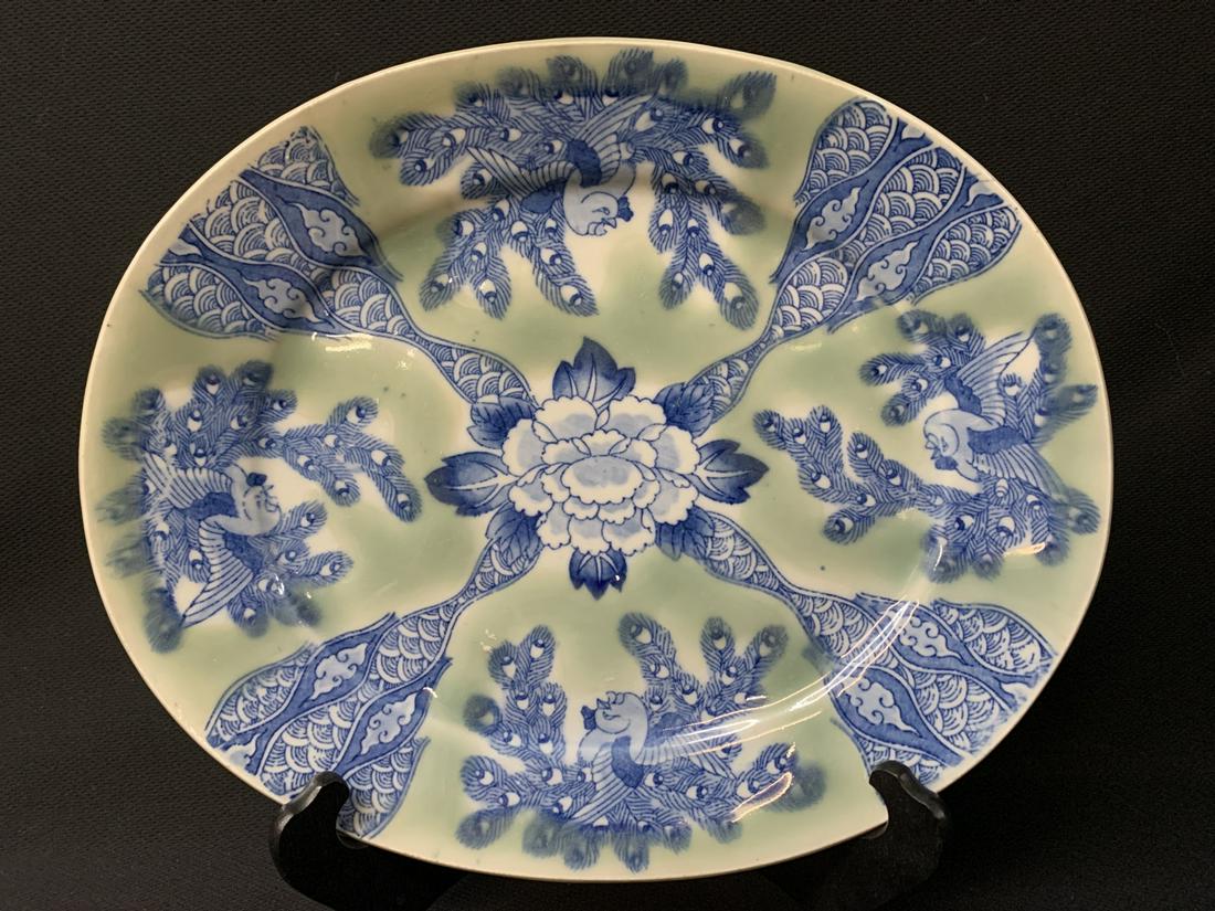 Japanese Celadon Transferware Charger: Japanese Celadon Transferware Charger. 12.5 X 10 Inches. Keywords: Chinese, Chinese Antiques, Asian, Asian Art, Asian Antiques, Chinese Jade, Jade, Chinese Porcelain, Blue and White, Blue de Hue, Viet