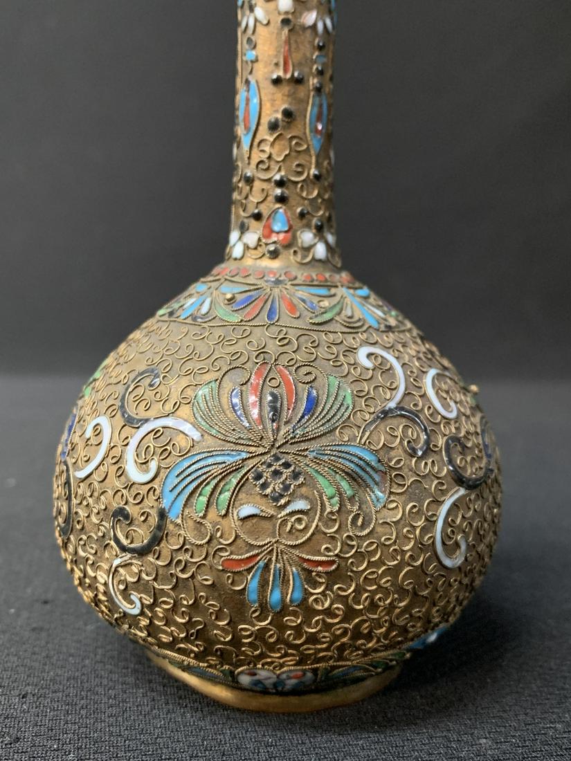 Chinese Champleve Bottle Vase: Chinese Champleve Bottle Vase. Some Dents. 6 Inches High. Keywords: Chinese, Chinese Antiques, Asian, Asian Art, Asian Antiques, Chinese Jade, Jade, Chinese Porcelain, Blue and White, Blue de Hue, Vie