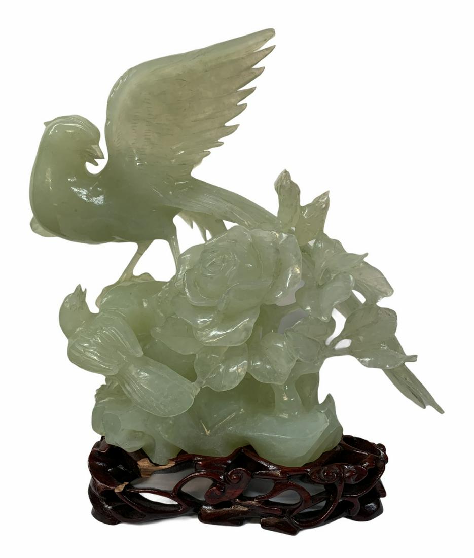 Chinese Jade Or Aventurine Carving, Birds: Chinese Jade Or Aventurine Carving, Birds. Tail Feather Has Been Restored, Some Loss To Stand. Measures 8.75 Inches High, Including Stand. Keywords: Chinese, Chinese Antiques, Asian, Asian Art, Asian