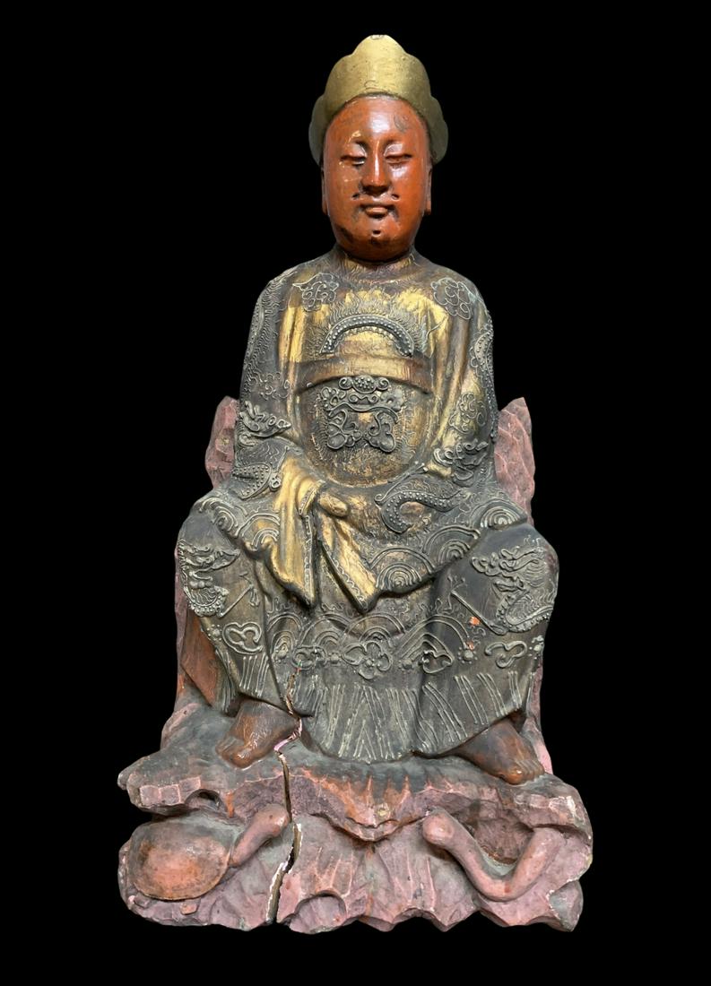 Chinese Carved Polychrome Seated Emperor: Chinese Carved Polychrome Seated Emperor. 19 Inches Tall. Split To Wood. See Photos. Keywords: Chinese, Chinese Antiques, Asian, Asian Art, Asian Antiques, Chinese Jade, Jade, Chinese Porcelain, Blue