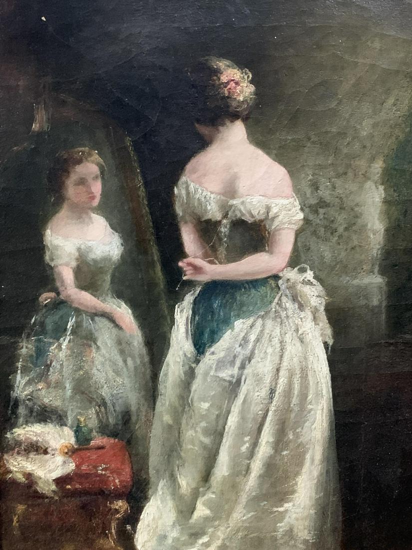 19th C Oil Painting On Canvas, Woman Undressing.: 19th C Oil Painting On Canvas, Woman Undressing In Reflection. Consignor's Grandmother Attributed It To Frederick William Lock. Canvas Measures 14.25 H X 10.25 Inches W. Spot Of Loss In Upper Left Cor