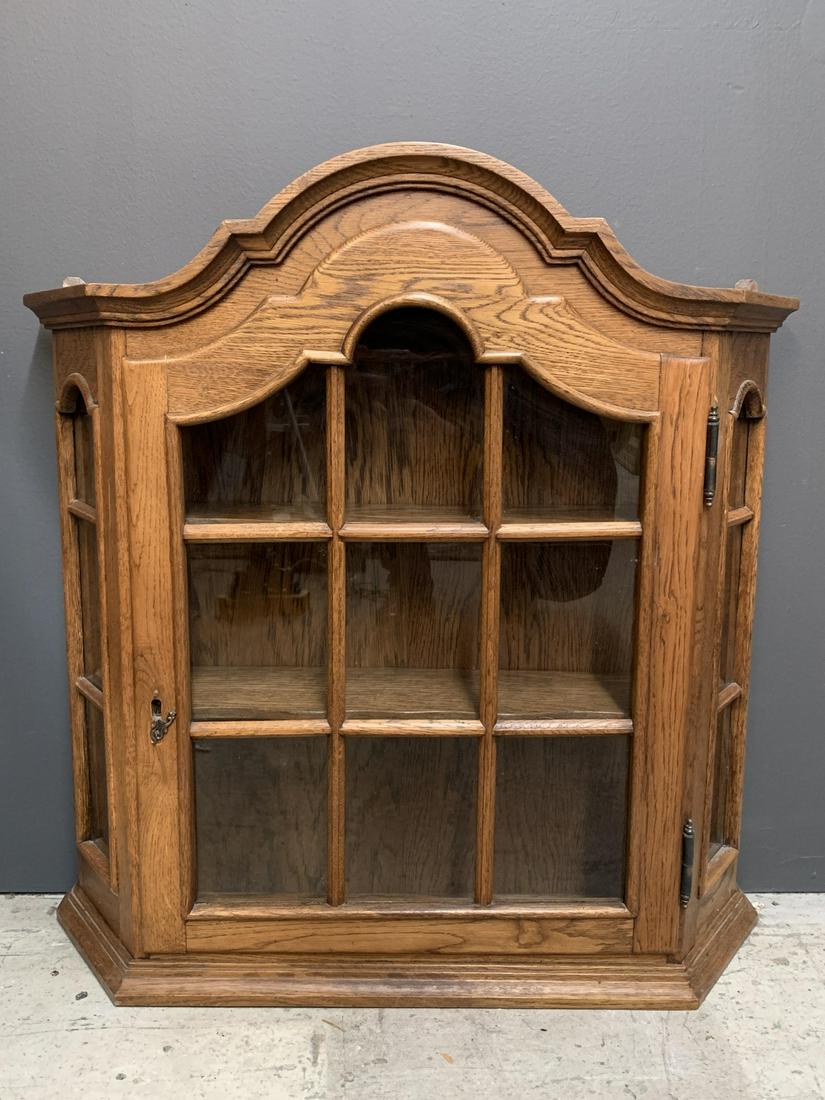Wall Mounted Oak Display Curio Cabinet: Wall Mounted Oak Display Curio Cabinet. Measures 27 H X 27 W X 7 Inches Deep.