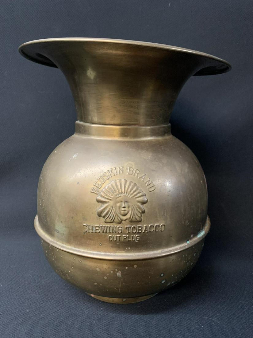 Brass Weighted Spittoon, Redskin Brand Tobacco: Brass Weighted Spittoon, Redskin Brand Chewing Tobacco, Cut Plug. 11 H X 8 W Inches.