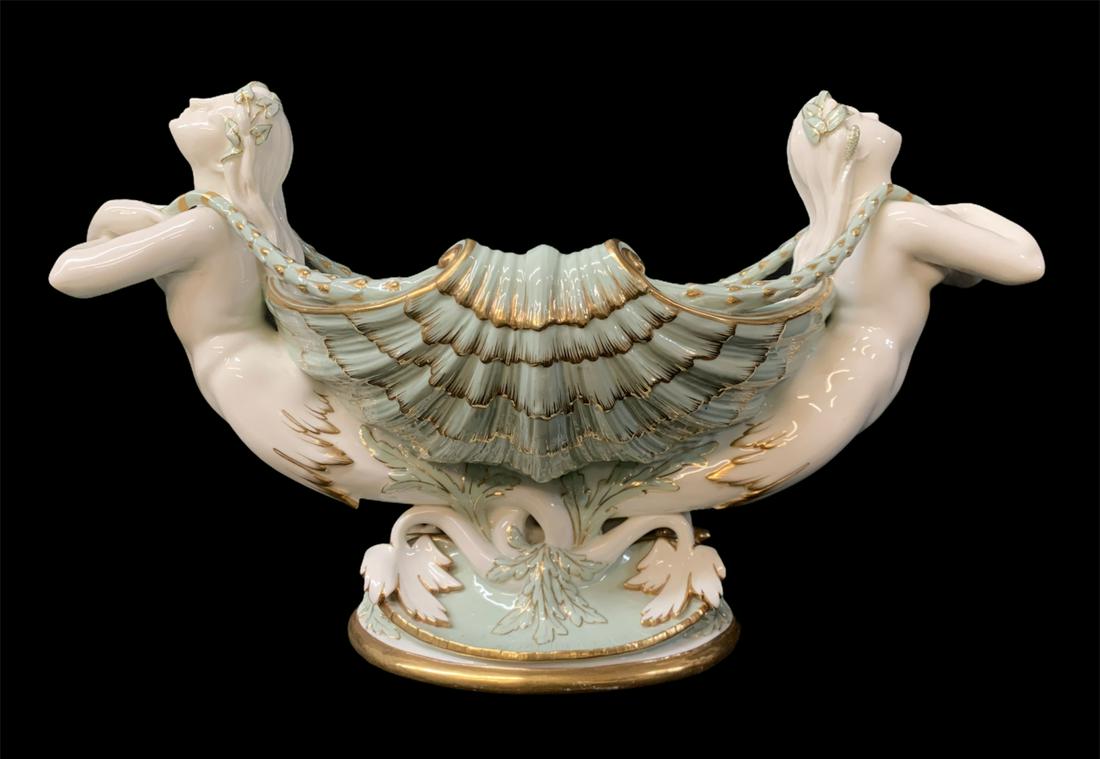 Minton Majolica Figural Centerpiece Bowl, Naiads: Minton Majolica Figural Centerpiece Bowl Two Naiads Or Mermaids (nymphs) Holding Foliate Swags Supporting Shell-form Dish. Marked On Base 1182, Circa 1865. 10 X 15.5 X 7 Inches Wide.