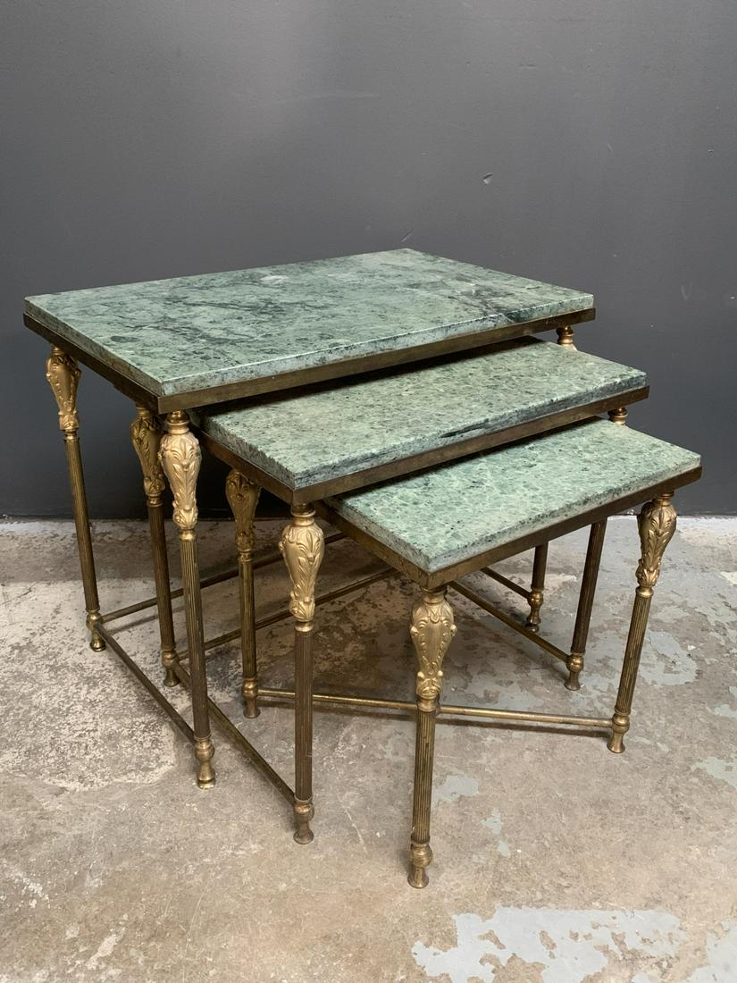 Vintage Brass Marble Topped Nesting Tables: 3 Vintage Brass Marble Topped Nesting Tables. Largest Measures 21 X 13 X 18 H.