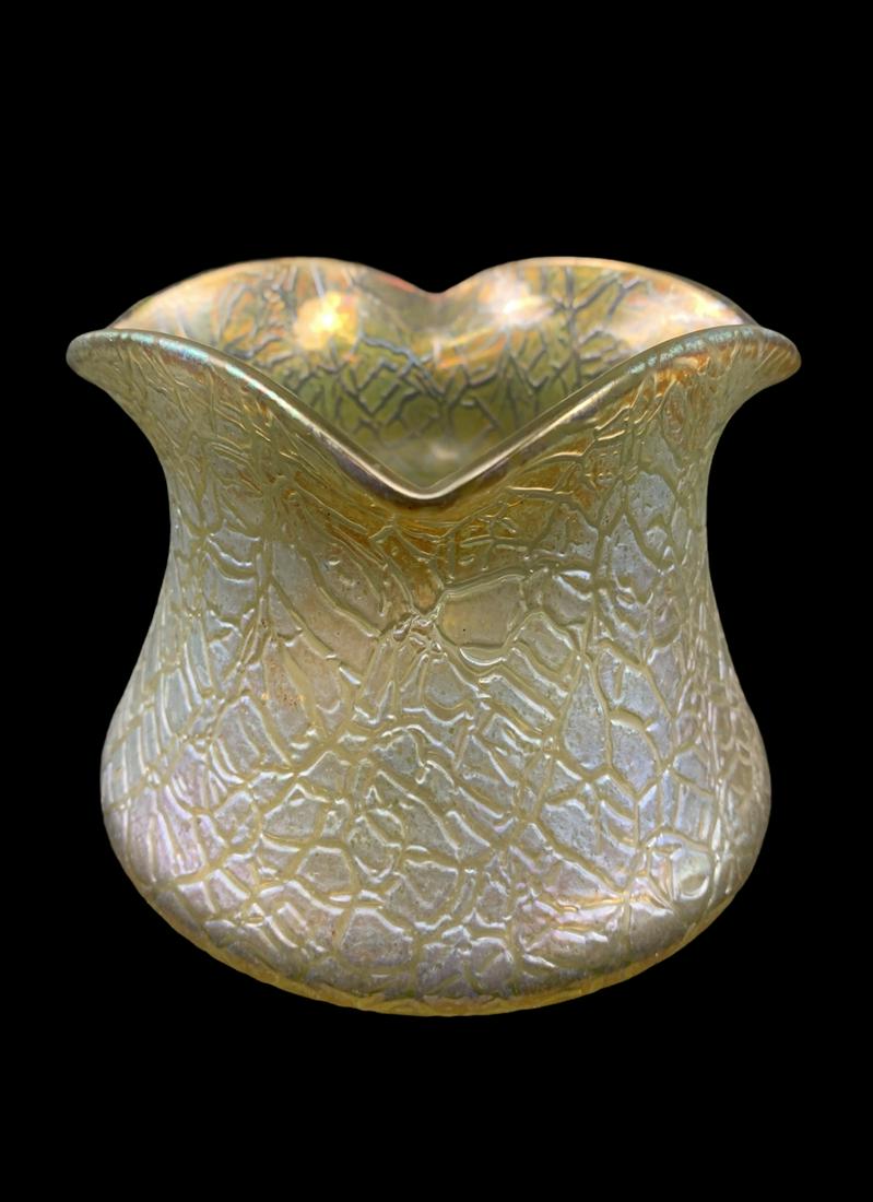 Art Nouveau Art Glass Loetz Vase, Golden Crackle: Art Nouveau Art Glass Loetz Vase, Golden Crackle Irridescent Finish. Measures 4 H X 5 W Inches.