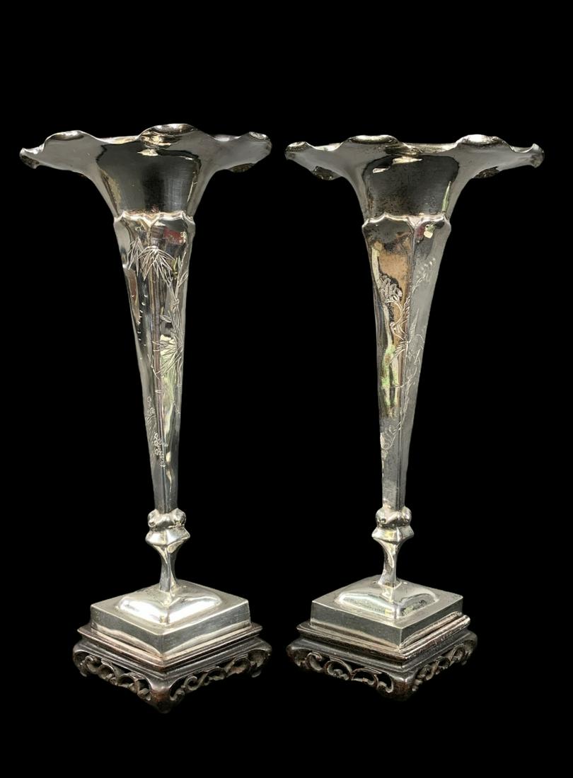 Pair Of Chinese Export Silver Trumpet Vases, Wood (1 of 6)