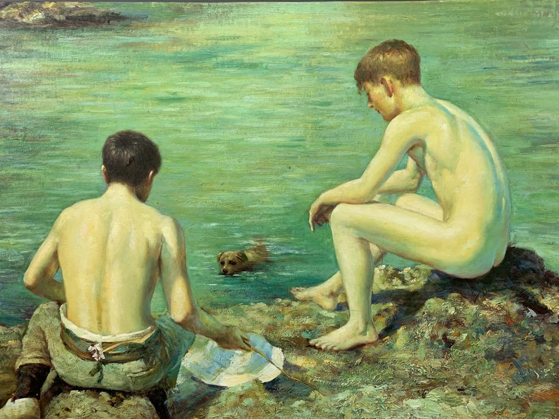 Unsigned Oil On Canvas, Two Boys And Their Dog (1 of 5)