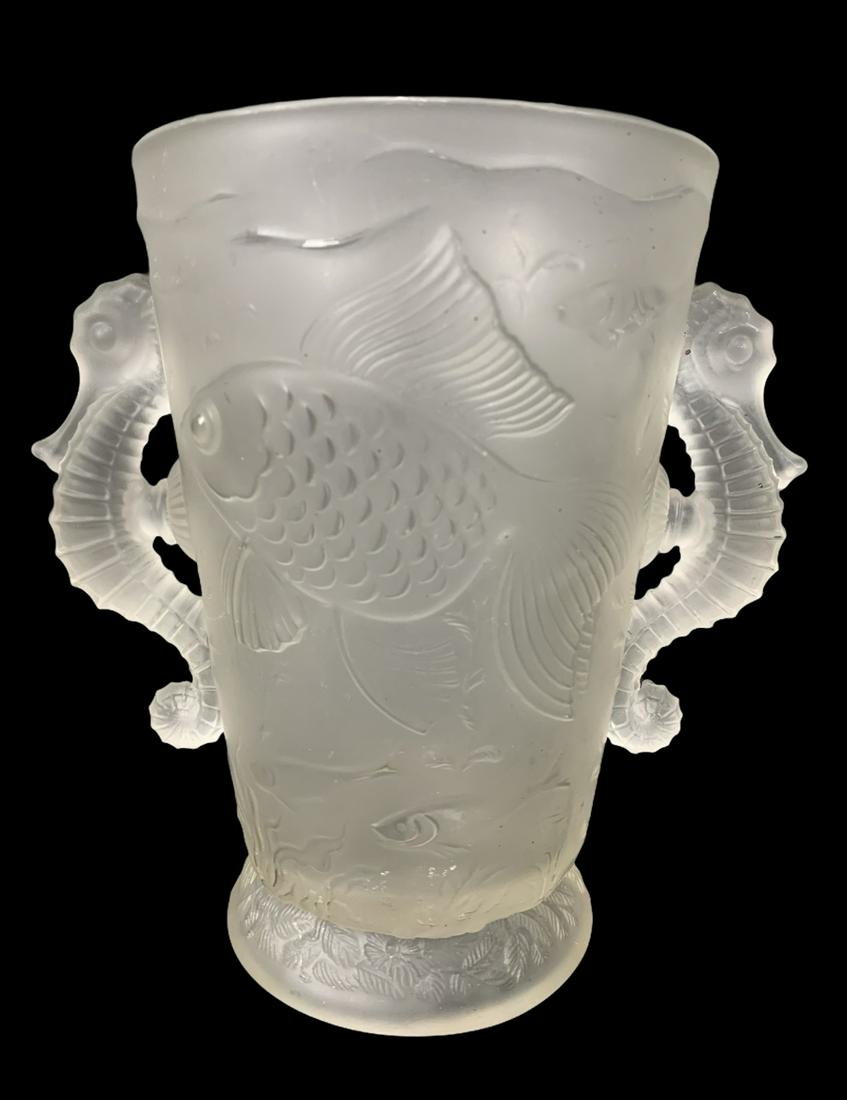 Inwald Barolac Bohemian Seahorse Frosted Vase: Josef Inwald Barolac Bohemian Seahorse Frosted Glass Vase Designed In Late 1930's, Art Nouveau Opalescent Satin Finished Pressed Glass Vase With An Under Sea Motif With Koi Fish On Both Sides And Seah