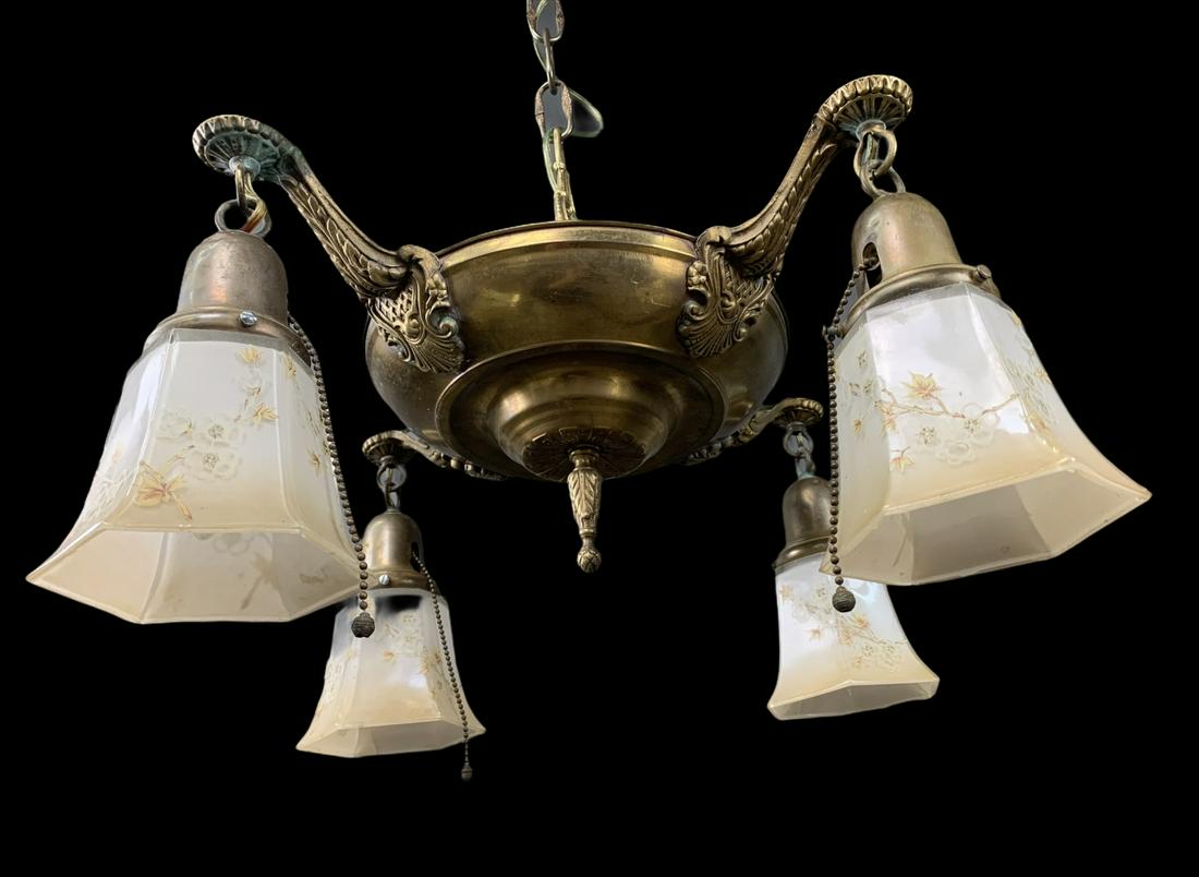 19th/20th 4 Armed Brass Chandelier, Glass Shades (1 of 4)