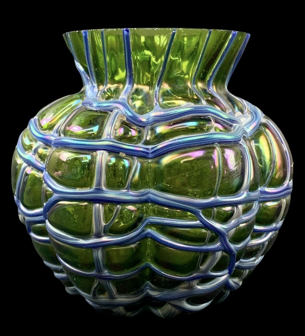Loetz Green Iridescent Threaded Art Glass Vase (1 of 4)