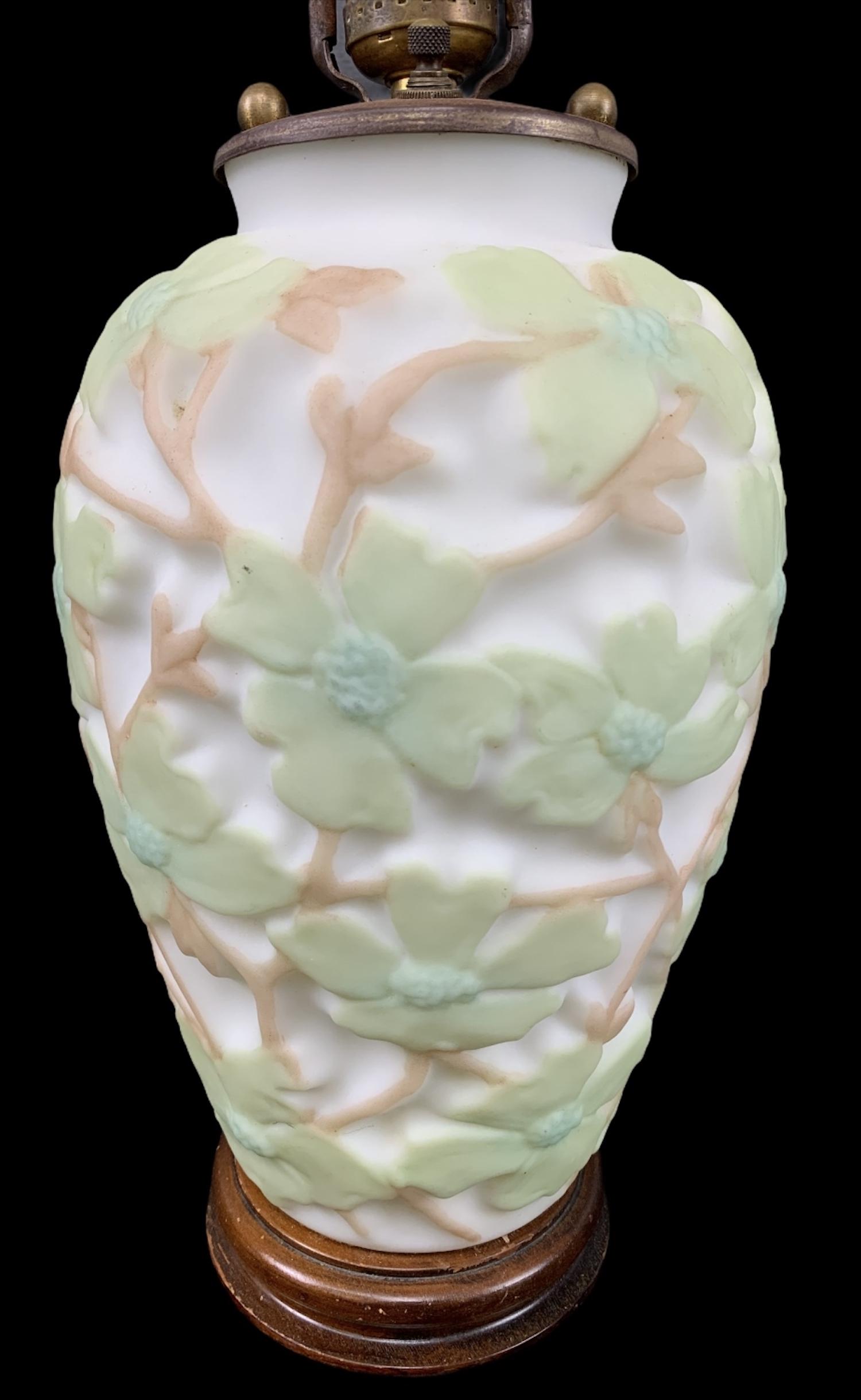 1930s Art Deco Phoenix Consolidated Glass Lamp: 1930s Art Deco Phoenix Consolidated Glass Lamp, Floral Pattern. 22 Inches High, Including Harp.