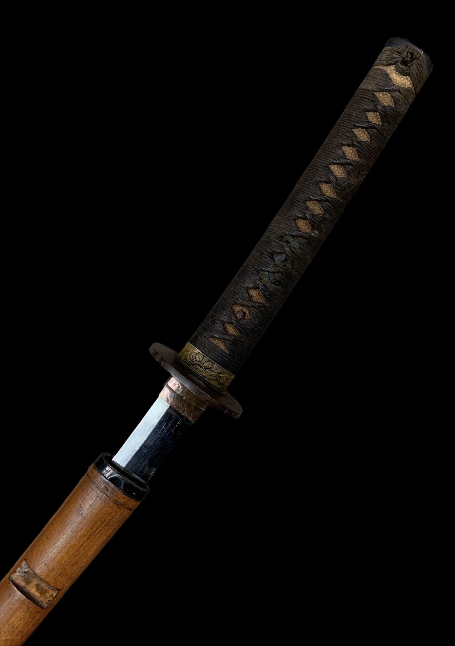 Katana Officer Shin Gunto Japanese Sword Type 98: Katana Officer Shin Gunto Type 98, World War Ii Mountings, Nice Patina On Silk Of Tsuka. Blade Is Early Edo Period, Unsigned Or "mumei". Blade Condition Is Fair. 38 Inches Overall, Blade Measures 26 I