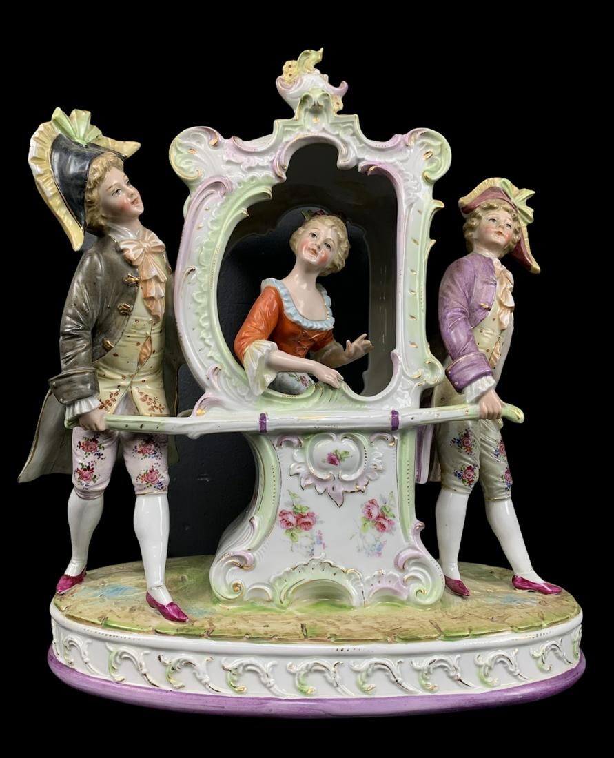 Antique Porcelain Lady In A Litter, Palanquin: Antique Porcelain Lady In A Litter, Palanquin. 13 H X 10.5 Long Inches. Possibly Kpm Or Dresden. Perfect Condition.